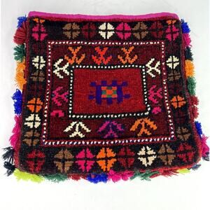 Vintage Handmade Persian Rug Double Sided Square Pouch Bach Tassels Pom Pom